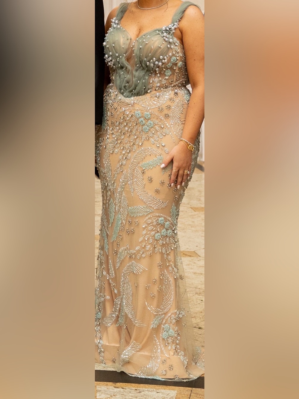 Embellished Pearl Corset Gown – Nude & Sage Formal Dress